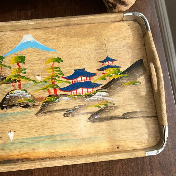Hand-painted Made in Japan Serving Tray With Mount Fuji Beach Birds And Trees - Picture 3 of 10